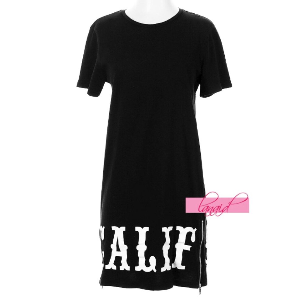 H&M Coachella California T-Shirt Dress Black White Zippers Edgy Old English Mini
